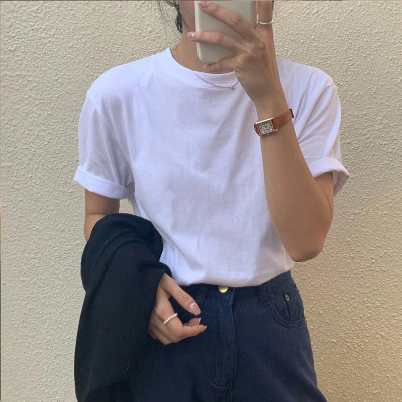 2026 right shoulder white t-shirt for women summer pure cotton women's top short-sleeved spring and