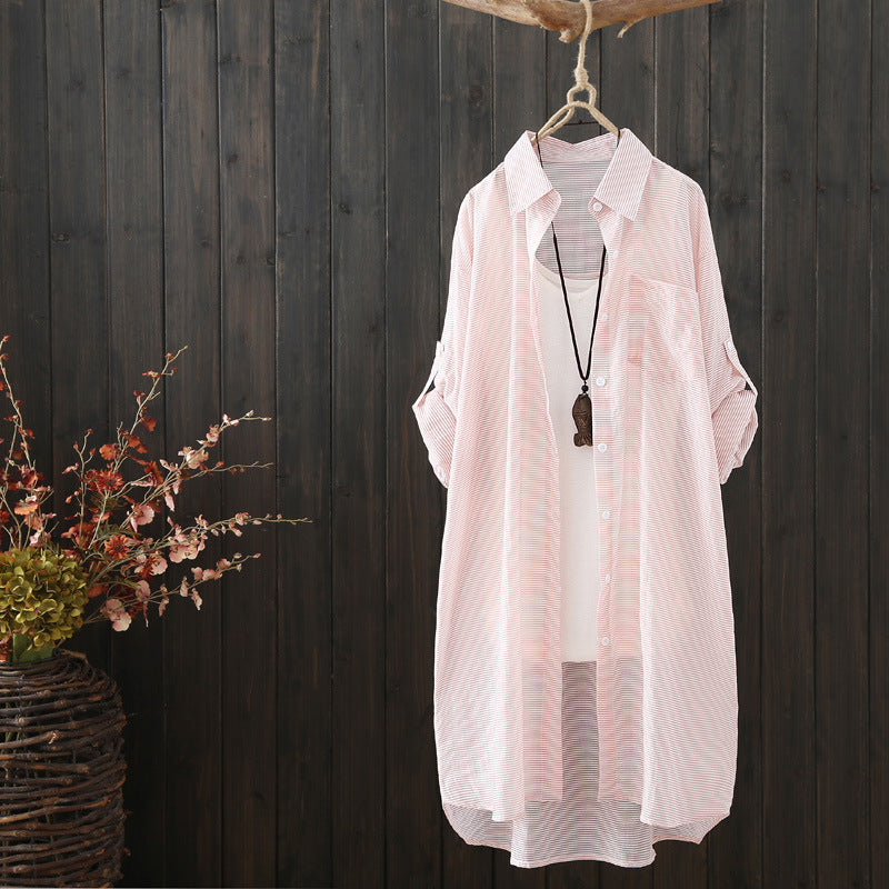 Women's Summer Fashion Versatile Striped Loose Mid-Length Long Cardigan + Sun-Protect - White