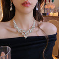 Western Imperial Breeze Rhinestone Geometric Teardrop Stud Earring Necklace Set Fashionable Clavicle Chain Light Luxury Premium Necklace Women