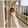 White Heavy Embroidery Camisole Dress, French Style Fitted A-Line