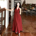 French Retro Red Halter Fitted Long Dress, Seaside Vacation