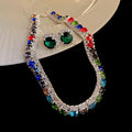 Rhinestone Emerald Square Stud Earring Necklace Set Accessory Women Imperial Breeze Earrings Light Luxury Premium Jewelry Set Wholesale