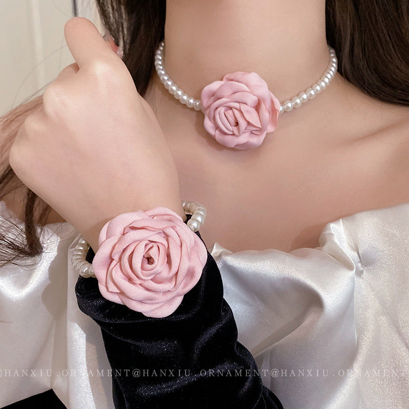 French Fabric Flower Pearl Jewelry Set - view 2