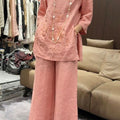 Spring-Summer Casual Fashion Linen Cotton Embroidered 3/4 Sleeve Wide Leg Pants + Pants + Top Set