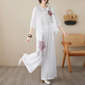 Summer Fashion Elegant Linen Cotton Embroidered Wide Leg Pants + Pants + Top Set