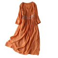 High-End Embroidered Cotton Linen Ethnic Style 3/4 Sleeve Mid-Length Dress