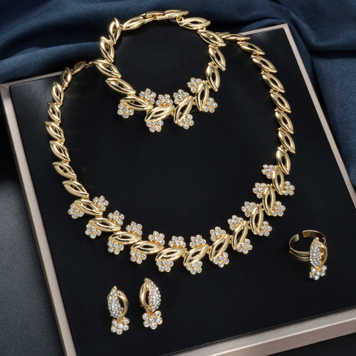 EU/US Import Dubai 18K Gold New Leaves Crystal Light Luxury Necklace Bracelet Set Earrings Ring Fashionable Set