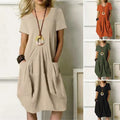 Cotton Linen Round Neck Short Sleeve Dress - Casual Solid Color Summer Dress