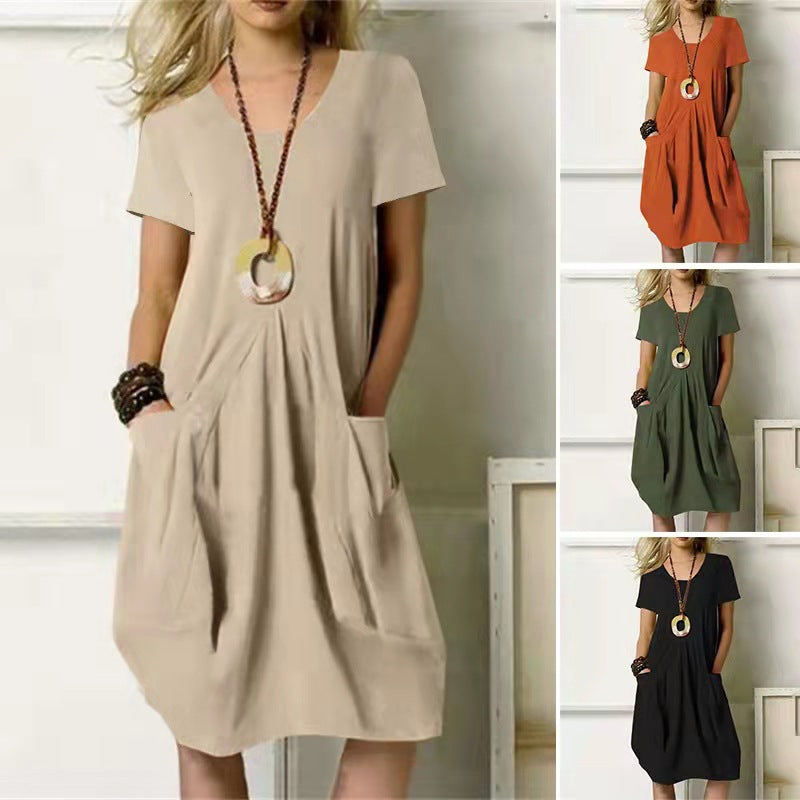 Cotton Linen Round Neck Short Sleeve Dress - Casual Solid Color Summer Dress
