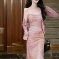 New Chinese Style Printed Stretch Mesh Fitted Long Dress