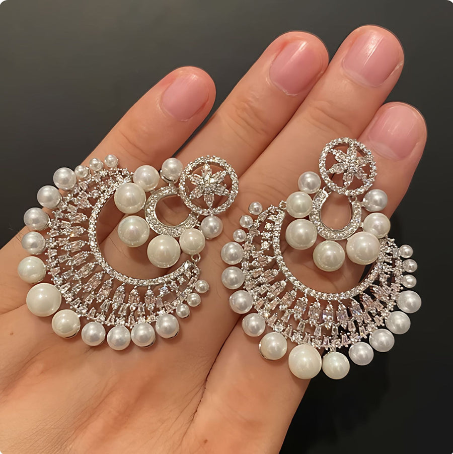 Rhinestone Flower Pearl Statement Earrings - view 4