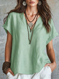 Spring-Summer Casual Linen Short Sleeve V-Neck Loose Shirt