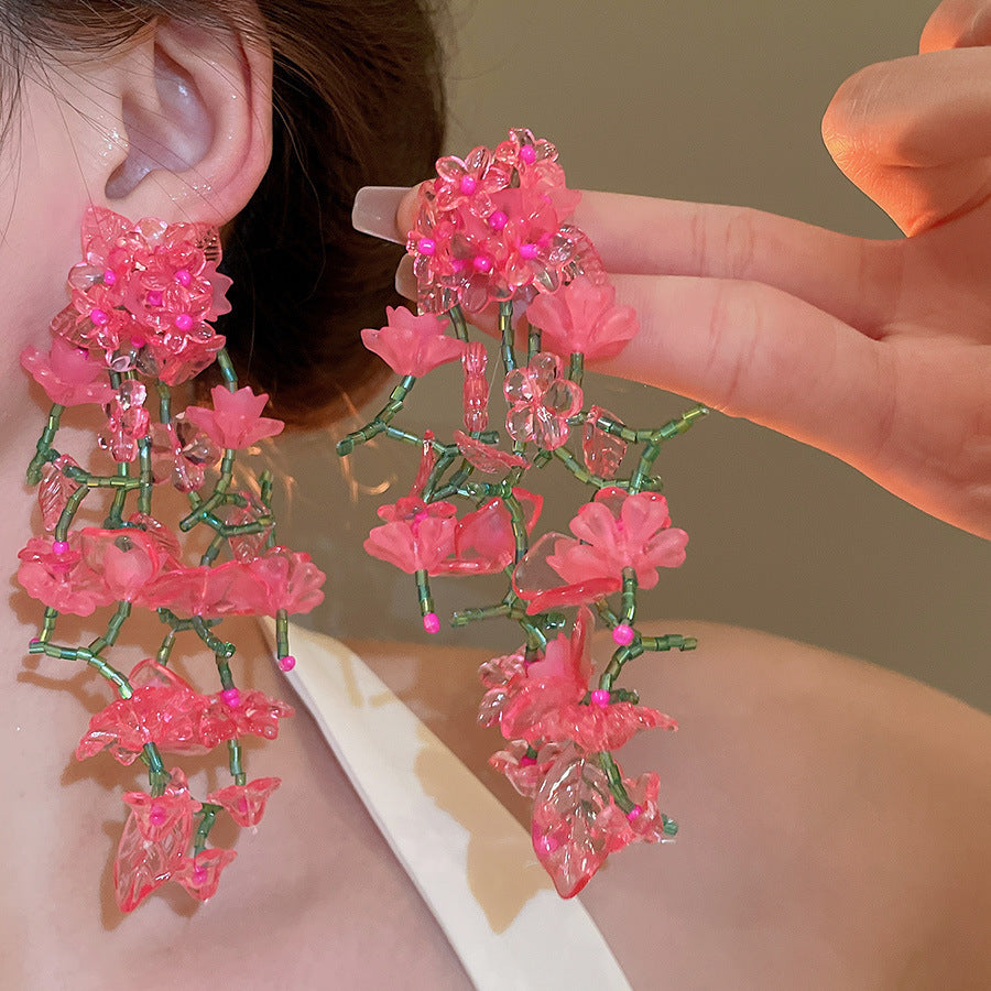 Floral Seed Bead Crystal Tassel Earrings - view 3
