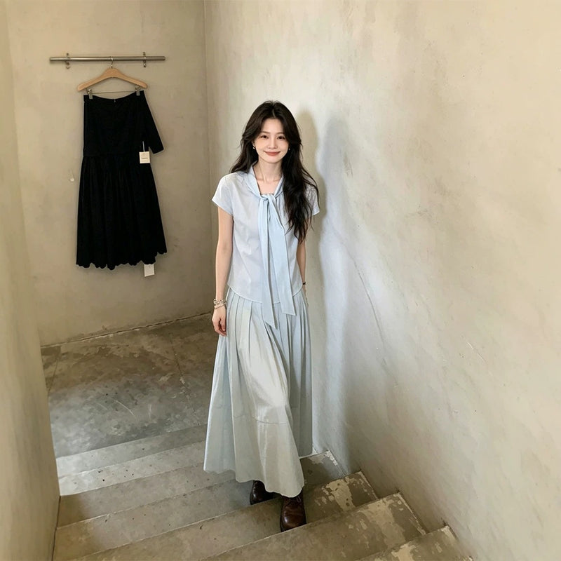 Korean Slimming Short Sleeve Long Skirt + Shirt 2-Piece Set