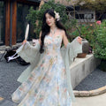 Oil Painting Print Embroidered Halter Dress, Seaside Vacation