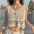 Women's Summer Bohemian Ethnic Lace Crochet Hollow-Out Crochet Camisole + Shorts 2-Pi - White