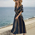 V-Neck Short Sleeve Flare Dress - Pleated Wide Swing Summer Vacation Dress Women