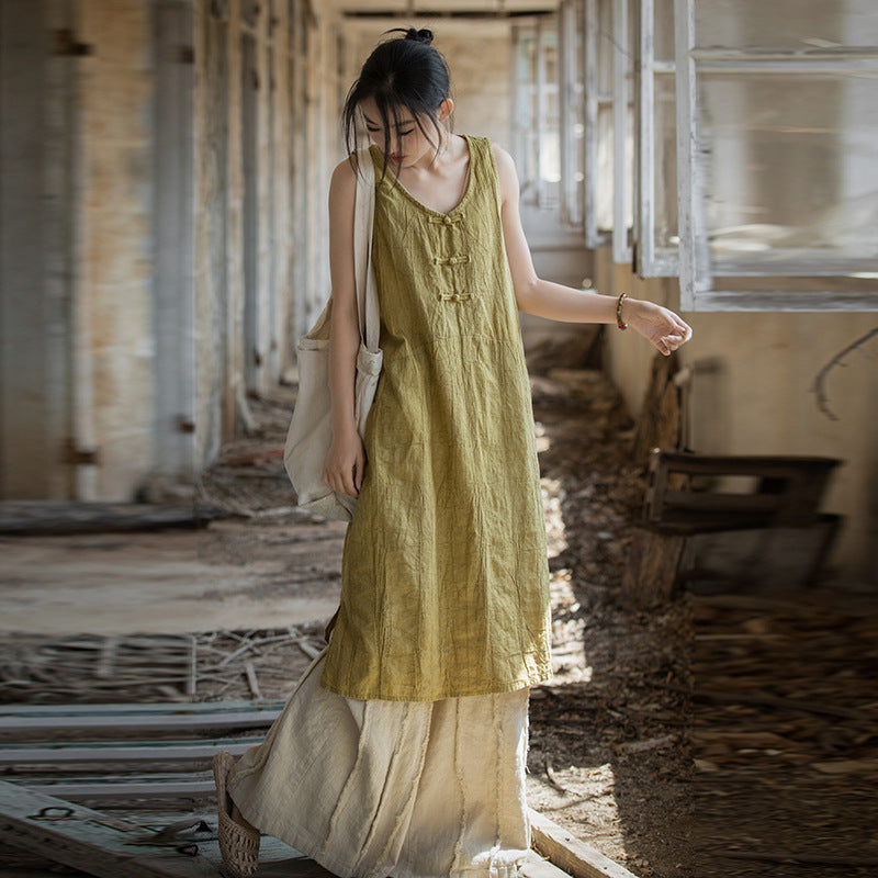 Women's Fall Chinese Ramie Linen Cotton Frog Button Lightweight Dress 2026 - As Pictured