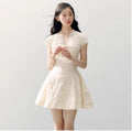 ANNATTO Jasmine Off-White Embroidered V-Neck Lace A-Line Fitted Dress