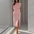 Metal Button Slit Dress - Round Neck Waist-Cinching Elegant Summer Dress Women
