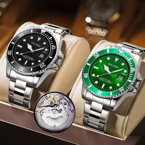 PINTIME Mens Watch Drop Ship Green Creek Ghost Self-Winding Mechanical Clear Base Quartz Watch Men Waterproof