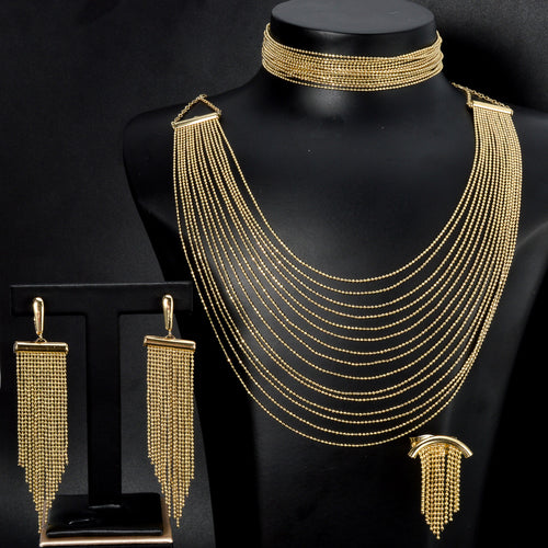 Overseas Fashionable 18K Metal Fringe Premium Necklace Bracelet Set Earrings Ring Wedding Women Jewelry Set