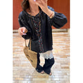 Women's Bohemian Ethnic Embroidered V-Neck Shirt + Pants 2-Piece Set 2026 - Navy Top