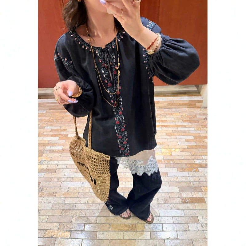 Women's Bohemian Ethnic Embroidered V-Neck Shirt + Pants 2-Piece Set 2026 - Navy Top