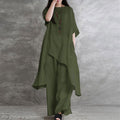 Korean Sporty Plus Size Linen Cotton Short Sleeve Crew Neck Top 2-Piece Set