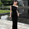 Off-Shoulder Sleeveless Slit Fitted Long Dress, Minimalist