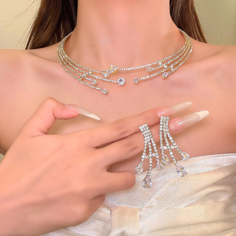 Sparkling Zircon Teardrop Jewelry Set – Multi-Layer Necklace and Earrings - view 4