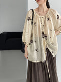 Korean Relaxed Ramie Embroidered Tie-Front Floral Sun-Protection Loose Shirt