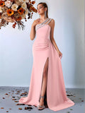 Women's One-Shoulder Beaded Evening Gown - Slim Banquet Style