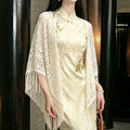 Women's New Chinese Knit Fringe Qipao Dress + Cardigan + Shawl 2026 - Off White
