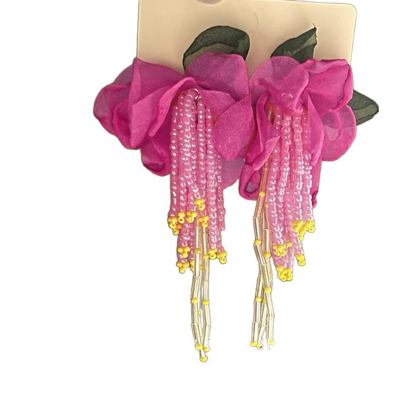 Pink Fabric Flower Tassel Earrings - view 5