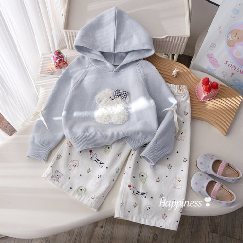 Girls' Cartoon Puppy Hoodie Knit Set