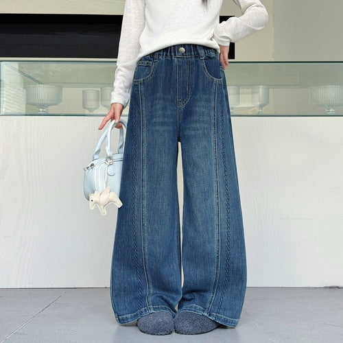 Girls' Side Seam Embroidered Wide-Leg Straight Jeans