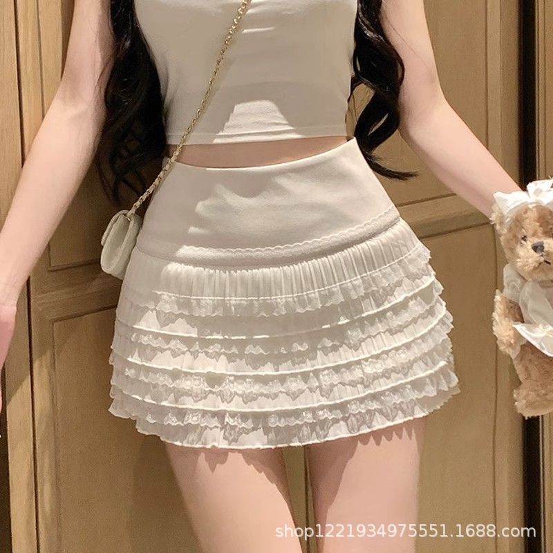 Korean School Lace High Waist Pleated Skirt + Short Skirt