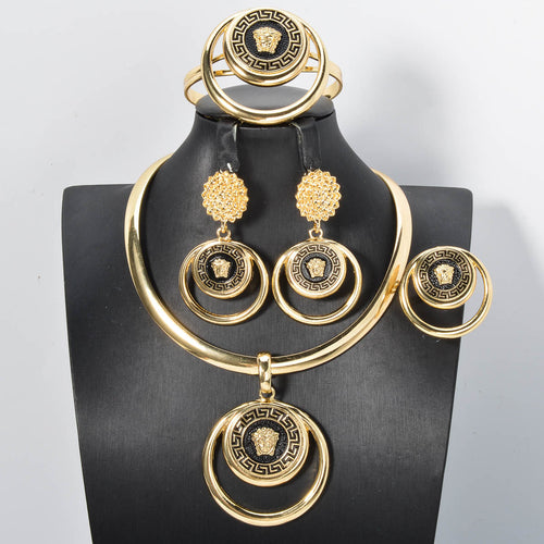 Overseas Fashionable Dubai Gold Versatile Elegant Gold Geometric Type Statement Necklace Bracelet Set Earrings Ring Jewelry Set