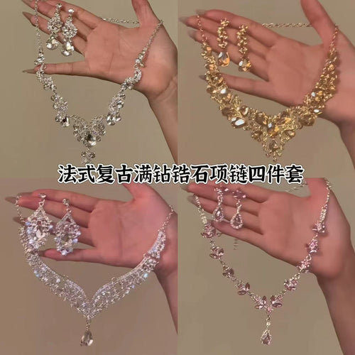 K Gold Socialite Breeze Banquet Gown Accessory Necklace Heavy-Duty Stylish Full Diamond Light Pink Flower Elegant Clavicle Chain