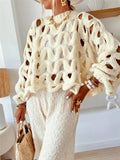 Solid Hollow-Out Crochet Knit Long Sleeve Beach Cover-Up Sweater