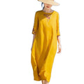 Chinese Cotton Linen Heavy Embroidery Cheongsam Dress, 3/4 Sleeve