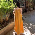 Yellow Fringe Camisole Fair-Skin Long Dress, Beach Vacation Style