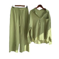 Women's 2026 Retro Plus Size Linen Cotton High Waist Loose Shirt + Pants 2-Piece Set - Pink