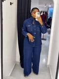 Vintage Denim Shawl Collar Cardigan + Straight Leg Pants Set