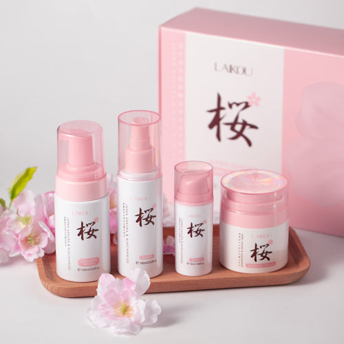 全英文护肤套盒莱蔻樱花烟酰胺马来系列4件套补水保湿外贸护肤品
