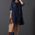 Korean Style Plus Size Cotton Linen Embroidered Short Sleeve Dress
