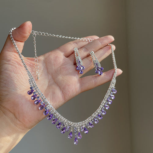 Day Korean Simple Rhinestone Teardrop Fringe Stud Earring Necklace Set Fashionable Clavicle Chain Light Luxury Premium Necklace Women