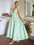 Retro Embossed Floral Pattern V-Neck Sleeveless Swing Dress