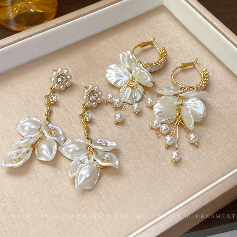 Pearl Flower Rhinestone Tassel Drop Earrings - view 3